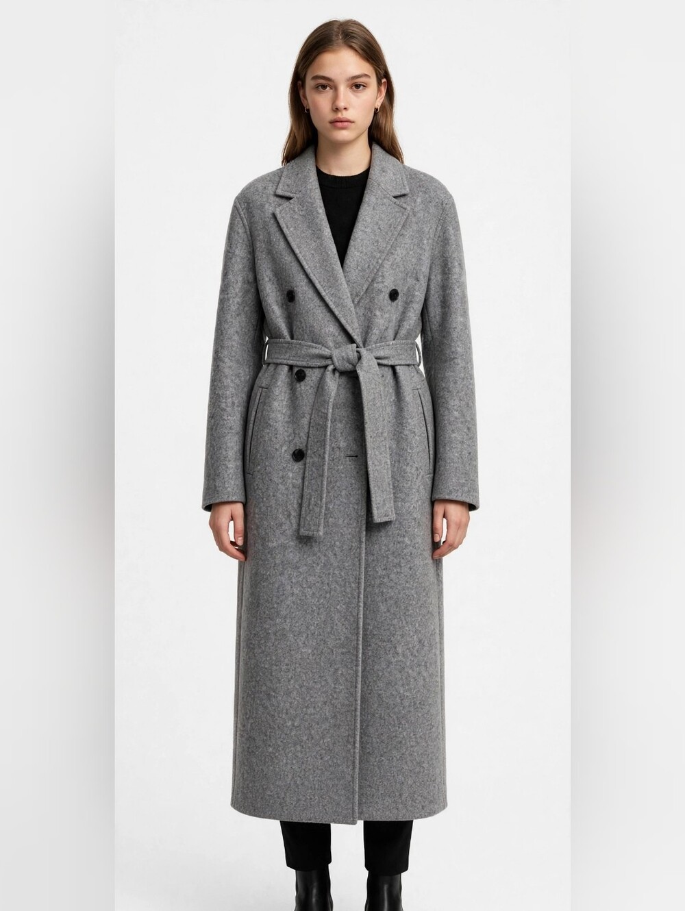 Gray  Double-Breasted Wool Blend Overcoat